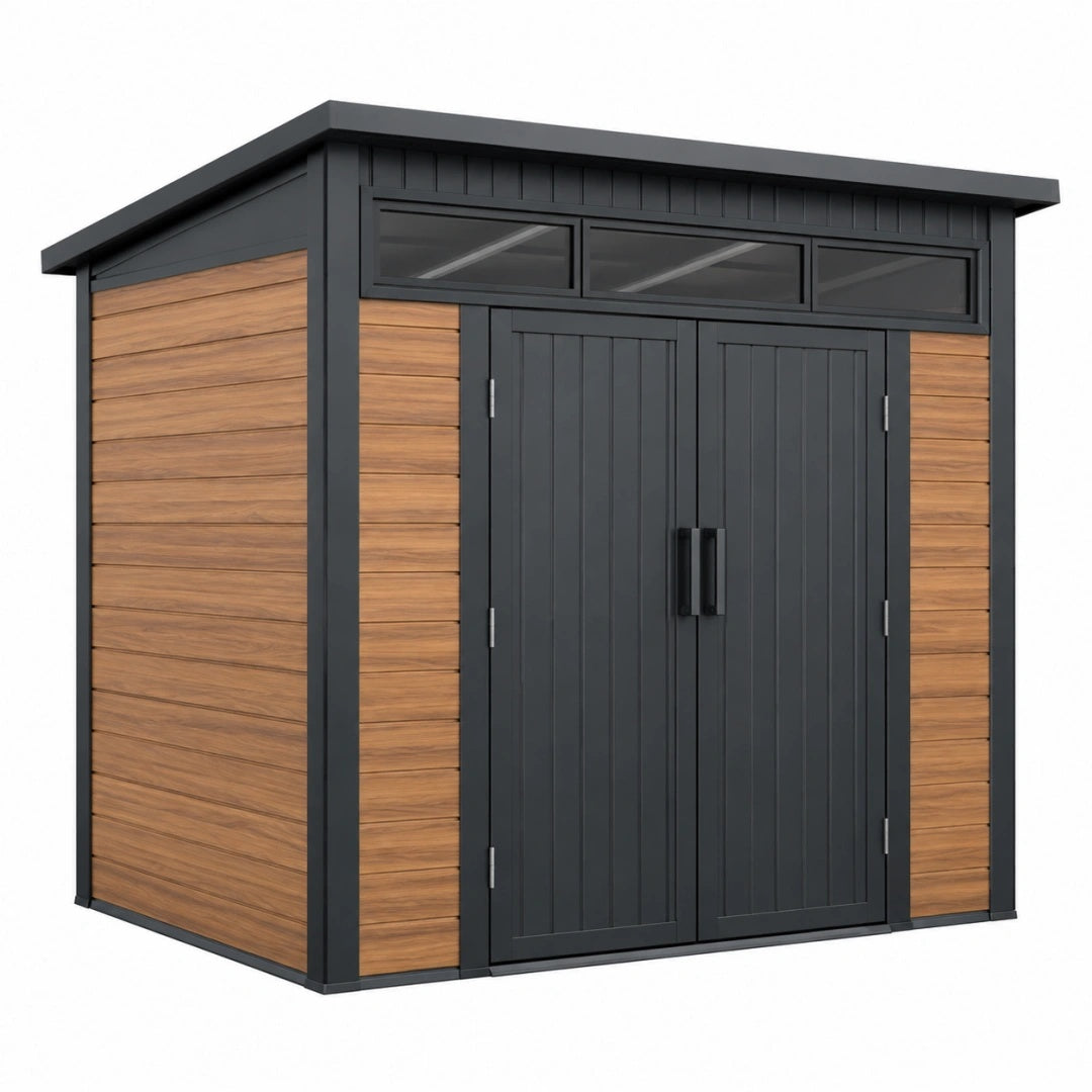 Gartenhaus 200 x 150 x 210 cm Metall Holzoptik Anthrazit mit Doppeltür und Oberlichtfenstern