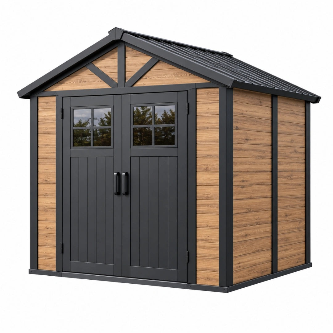 Gartenhaus 200 x 150 x 210 cm aus Stahl in Anthrazit/Holzbraun mit Doppeltür und Satteldach