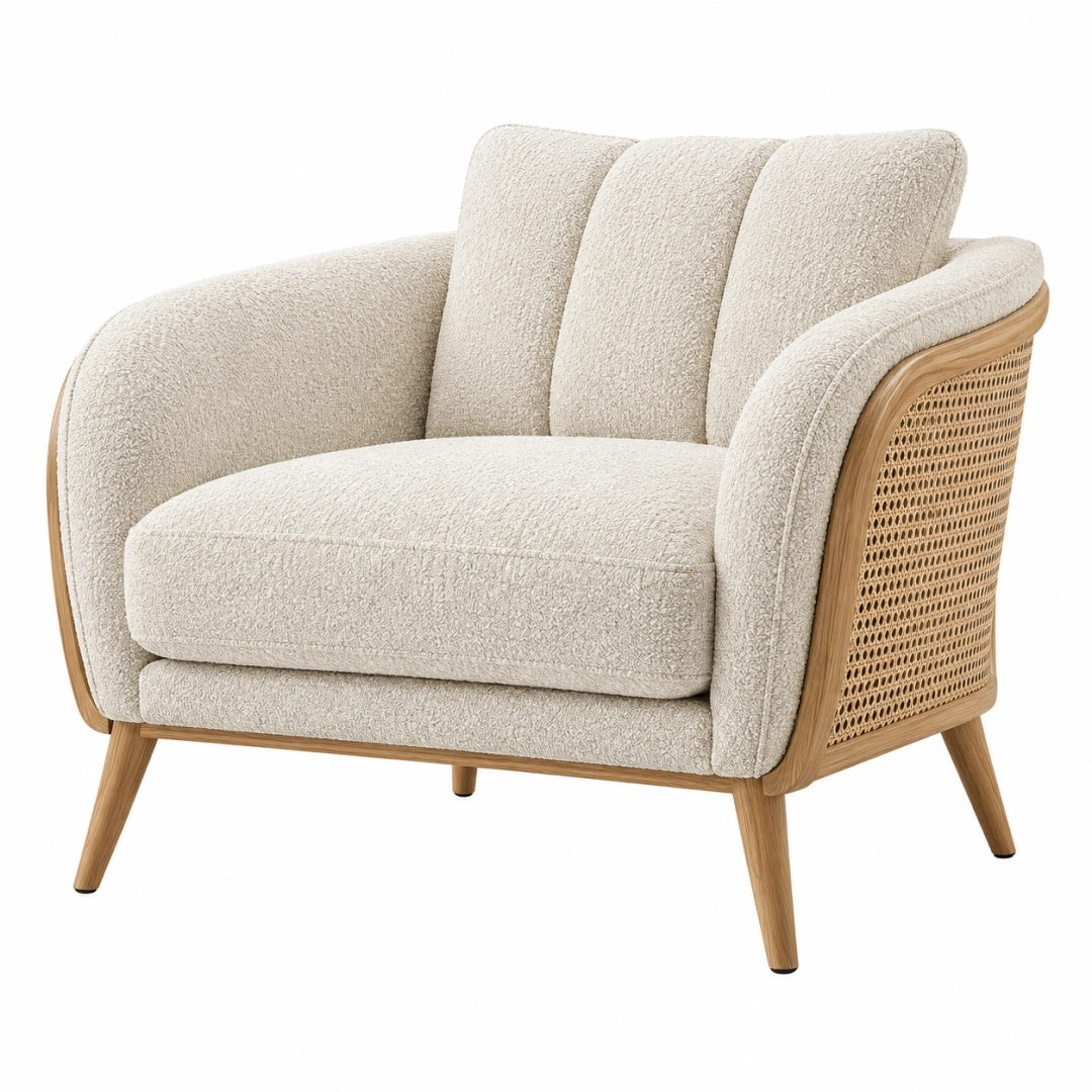 Sessel 90 x 85 x 80 cm Bouclé Creme mit Holz und Rattangeflecht