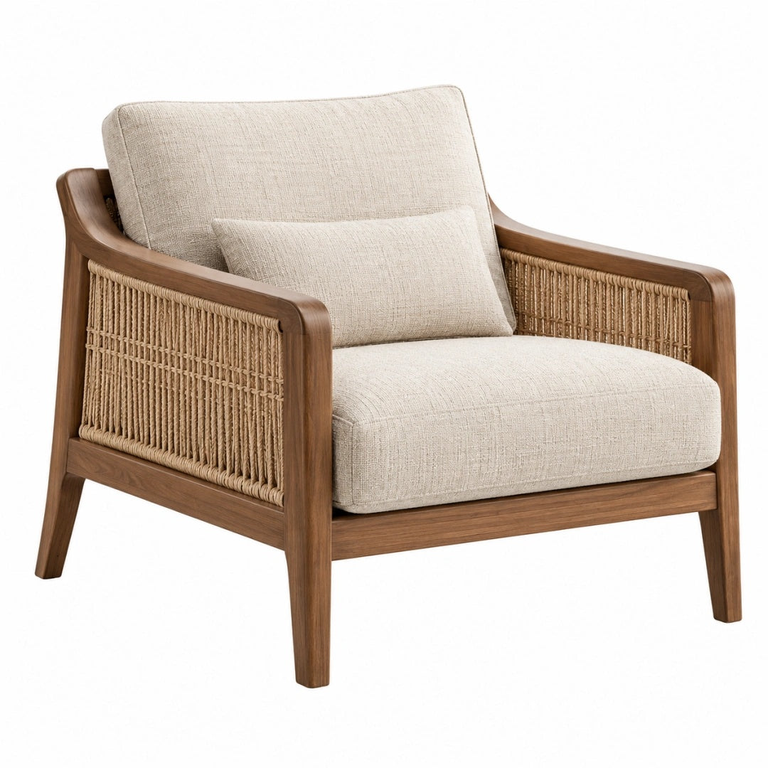 Sessel 82 cm x 76 cm x 84 cm Holz Rattan Beige Naturstil Wohnsessel
