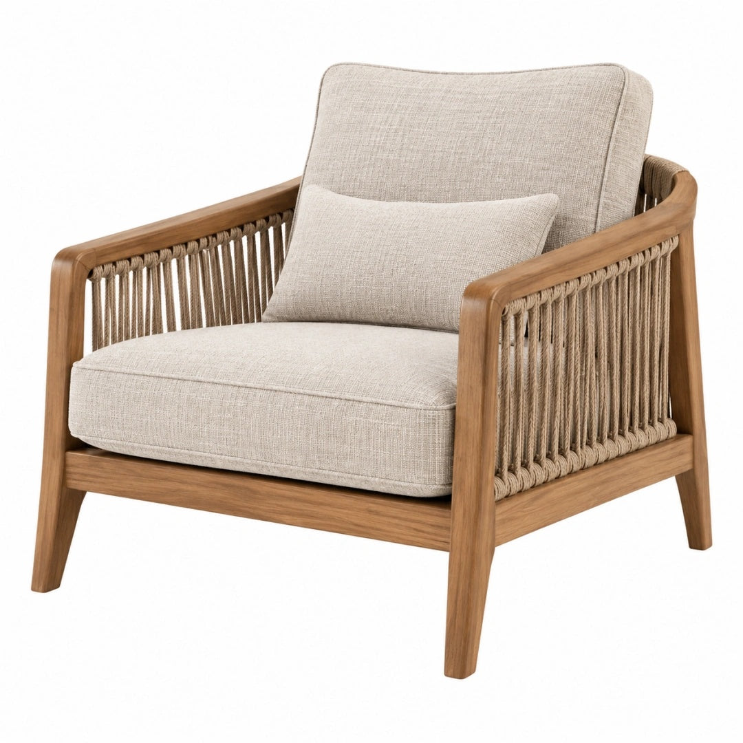 Loungesessel 76 x 82 x 84 cm aus Holz und Kordel in Naturbeige - gepolsterter Armlehnsessel