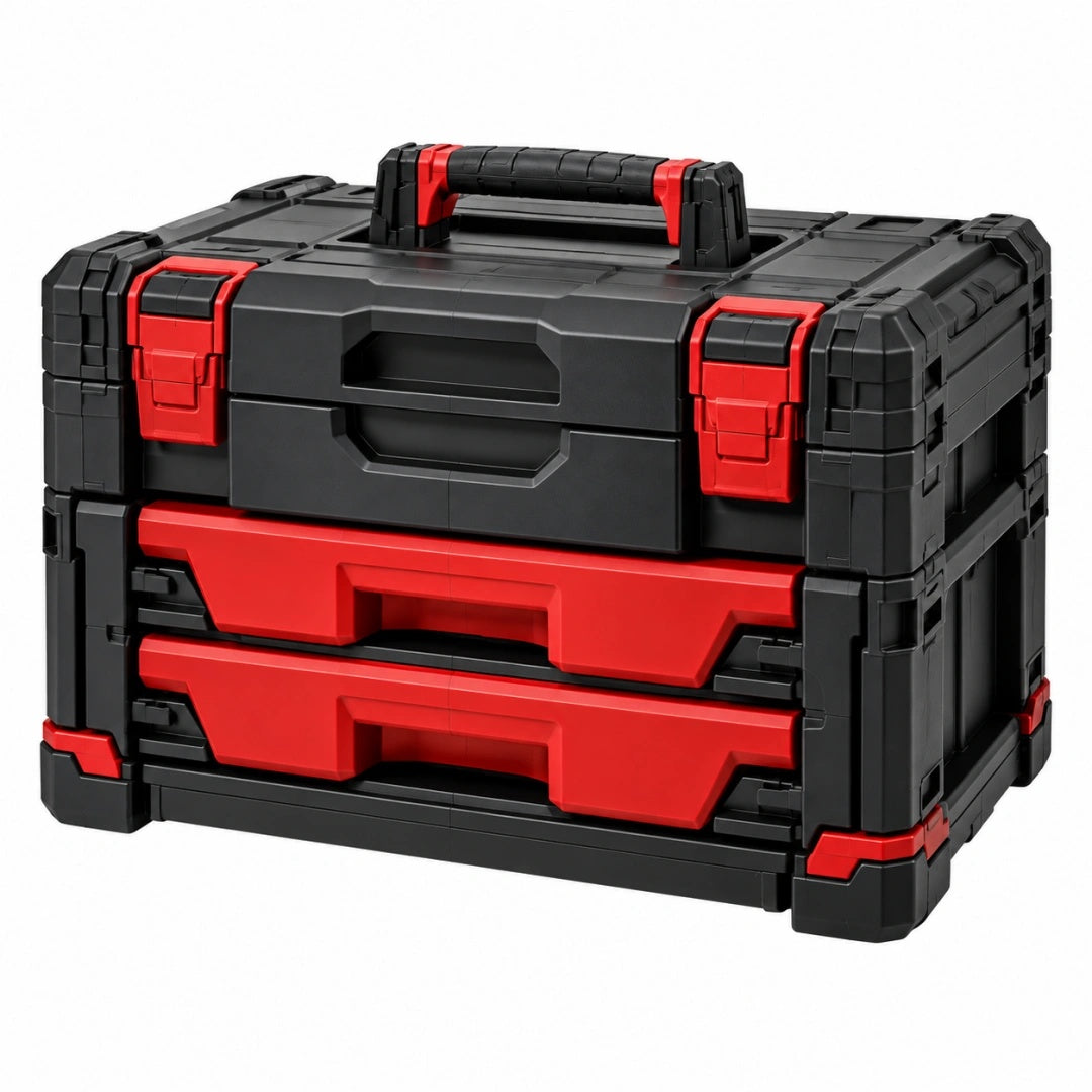 Werkzeugkoffer 50 x 30 x 35 cm aus Kunststoff Schwarz Rot mit 2 Schubladen