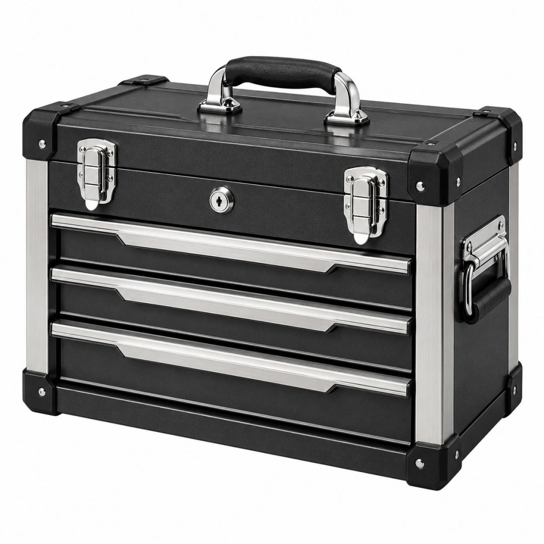 Werkzeugkoffer 45 x 25 x 32 cm aus Aluminium und Metall in Schwarz abschließbar mit 4 Schubladen