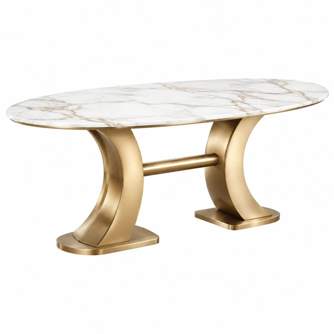 Ovaler Esstisch 180 x 100 cm Weiß Gold Marmoroptik Metallgestell Modern